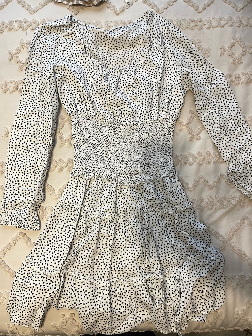 Smocked Polka Dot Long Sleeve Short Dress - White/Black